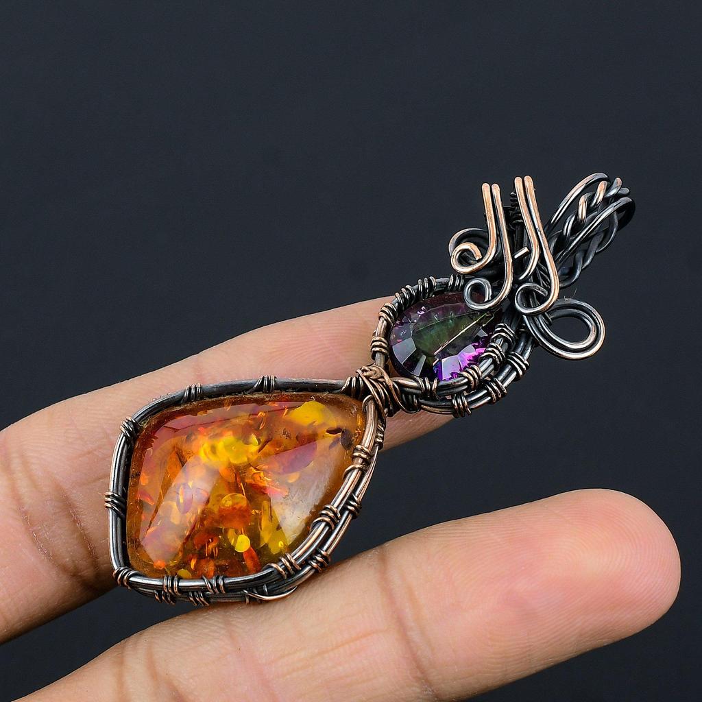 Baltic Amber & Mystic Topaz Pendant, 999 Copper Wire Wrapped Gemstone Jewelry, Handmade Pendant For Mother Day