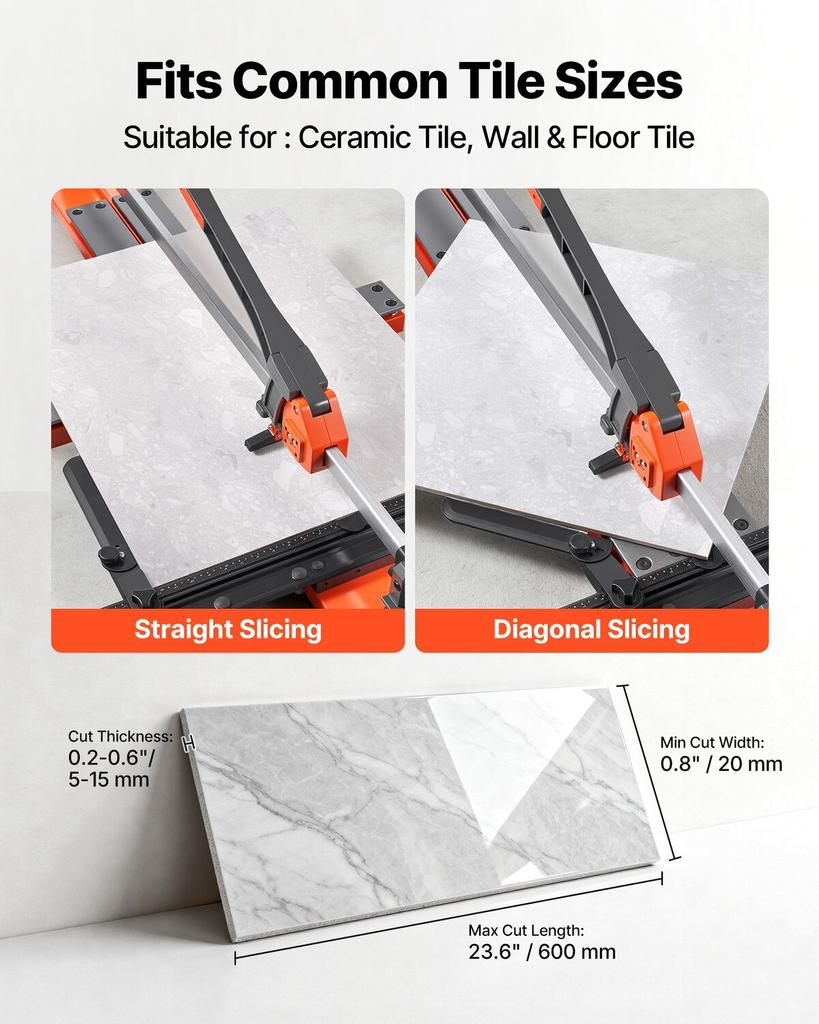 600 mm Manual Tile Cutter, Spring-Loaded Base Cutting Tool with Adjustable Angle Fence, Tungsten Carbide Cutting Wheel, Precision Alignment Guide, for