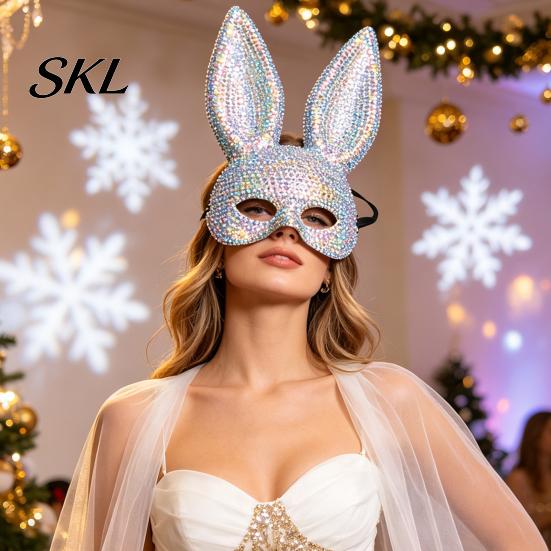 Adjustable Elastic Mask Disco Mirror Rhinestone Rabbit Mask, Sparkly Glitter Bunny Face Christmas Party for Halloween Party, Shiny Reflective