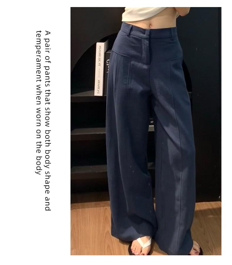 Women's High-Waisted Dark Blue Cotton Linen Wide-Leg Pants