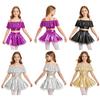 Girls Dancewear Off Shoulder Sleeveless Metallic Ruffle Crop Top and Shiny Tutu Skirt for Stage Competition Party Wear