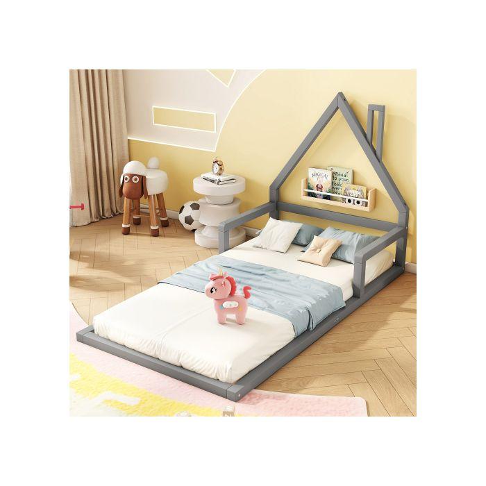 Lit d'enfant - MUVOE - 90x200cm - Pin massif - Forme maison - Gris