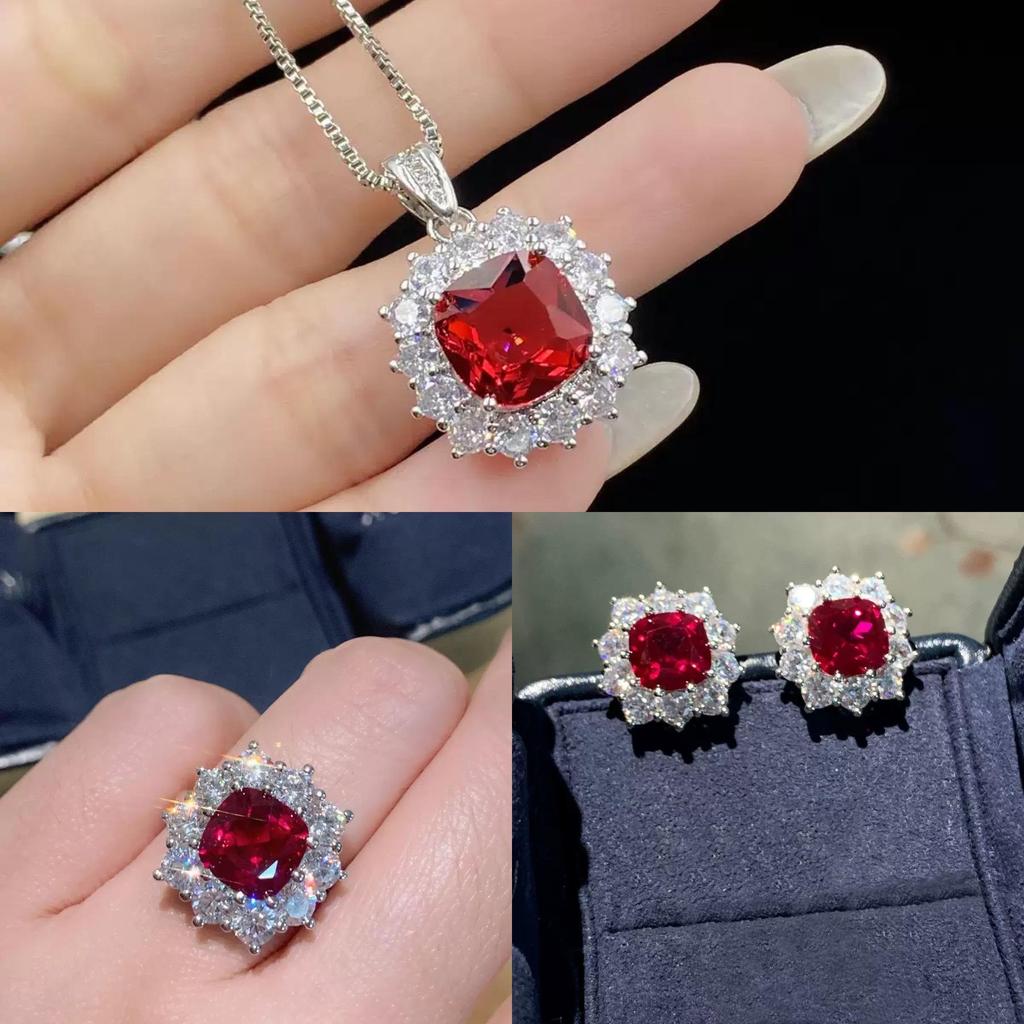 Popularny Zestaw Otwarty Pierścionek z Czerwonym Turmalinem i Kwadratowych Kolczyków Sztyftowych dla Kobiet