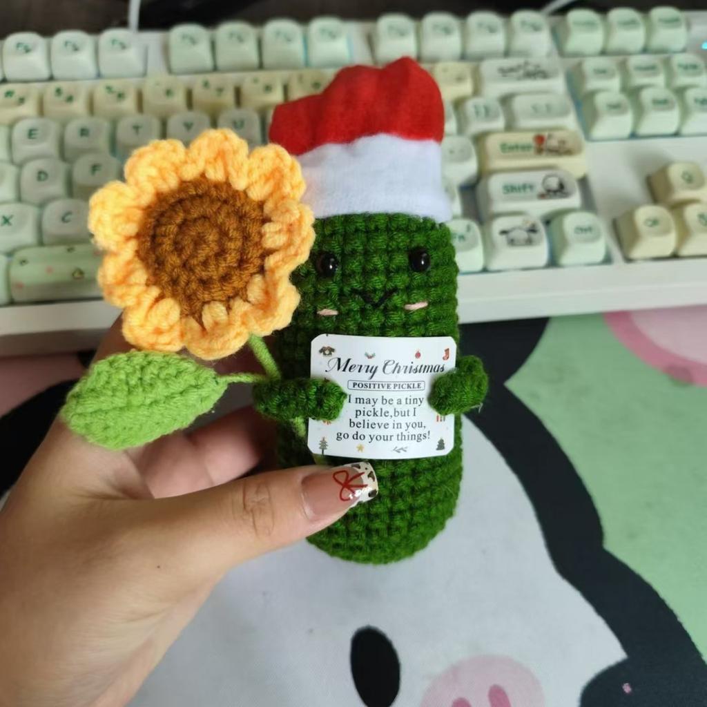 Crochet Emotional Support Cucumber Doll With Flower Home Room Decoration Handmade Knitted Positive Xmas Potato Christmas Gift