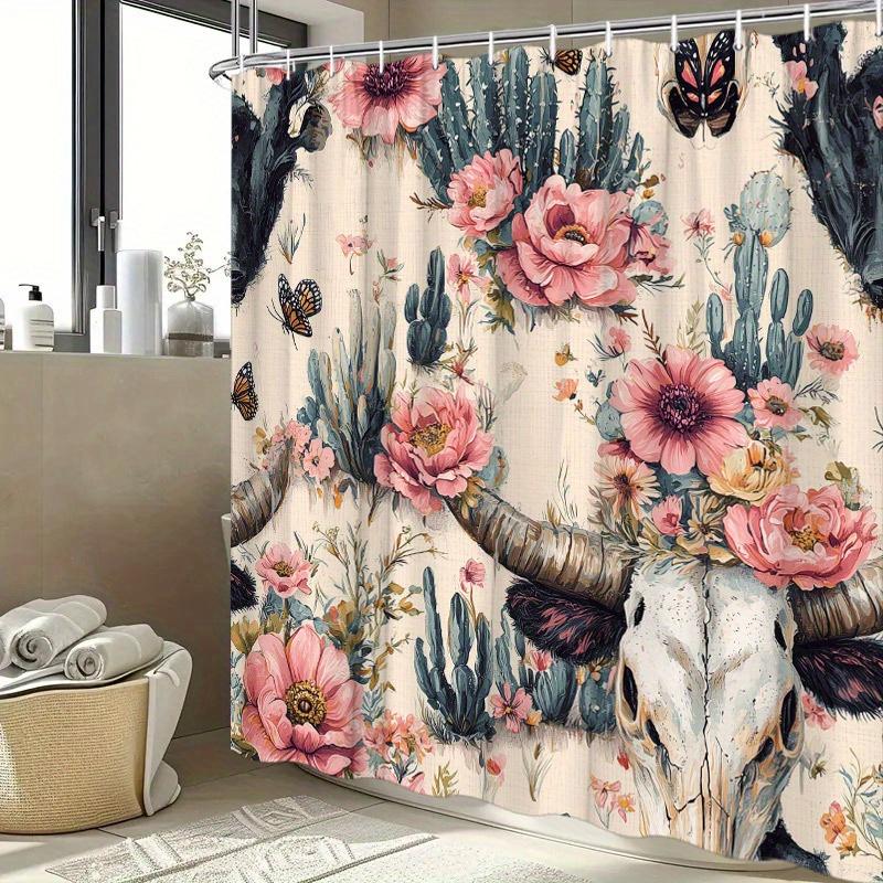 1Pc Vintage Desert Flowers & Skull Shower Curtain - Pink & Red Cactus Blooms, White Skull With Horns On Beige Background W60H190(CM)-1 Pcs
