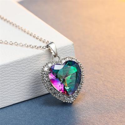 Rainbow Cubic Zirconia Heart Pendant Necklace Heart Stone Silver Clavicle Chain For Women Anniversary Jewelry