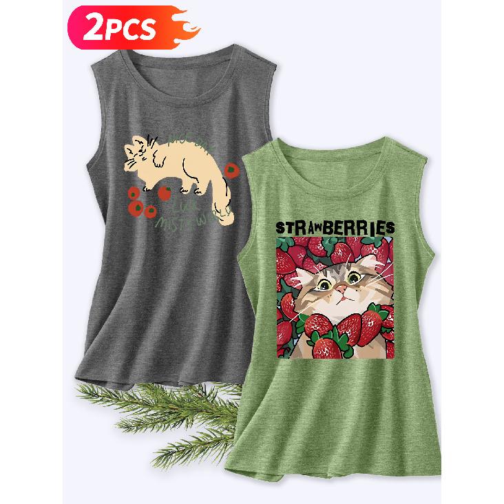 Follow a Specific Direction Two-piece Women's Vest Set Funny Cat Doodle Print Elegant Summer Party Outfits Sleeveless Vest Essential Fashion Items