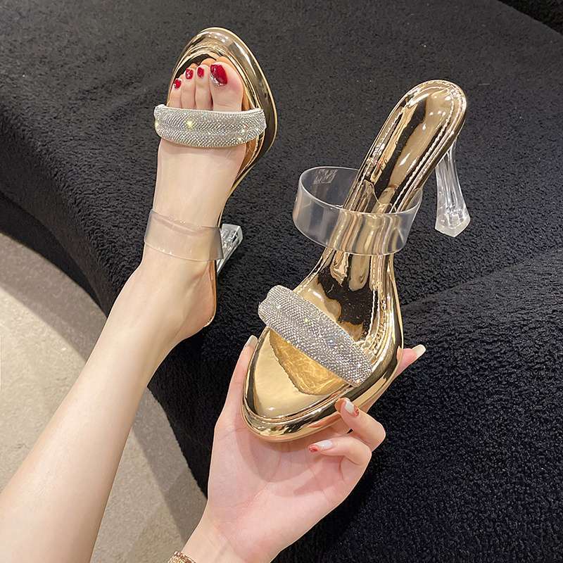 Transparent high heels women's summer fashion open-toed rhinestones with sandals sexy super high heel waterproof table sandals outside