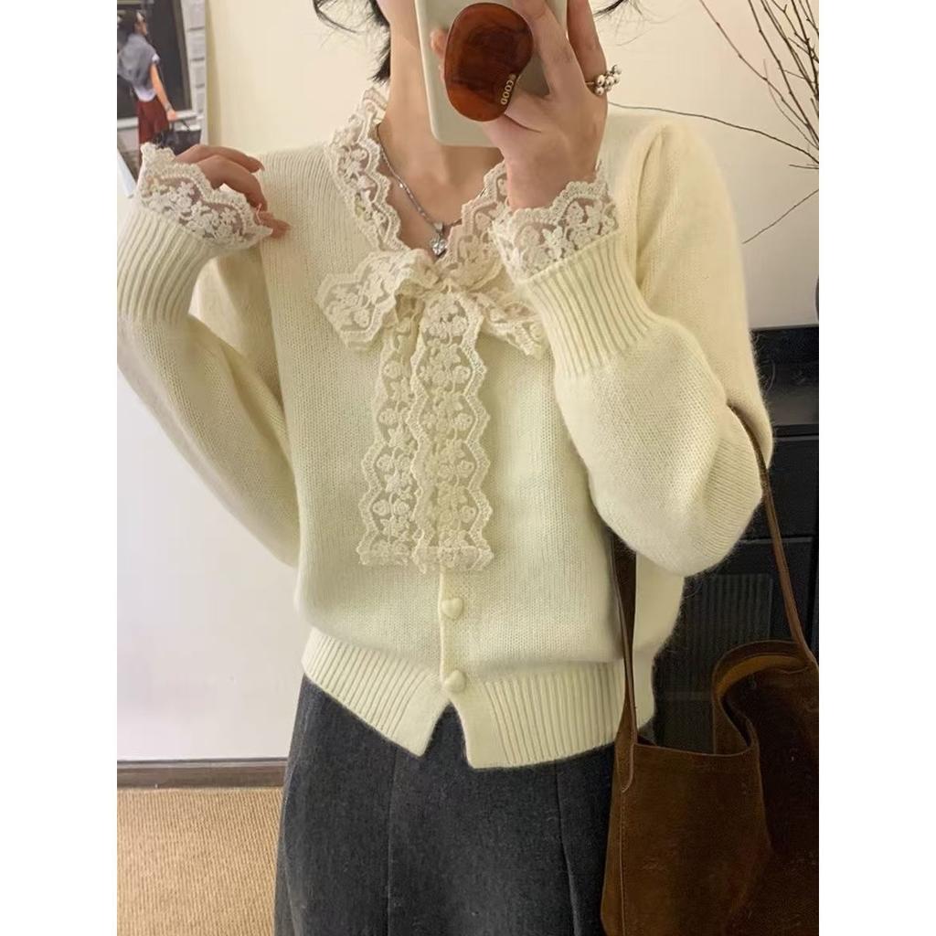 100Kg large size lace bow knitted cardigan jacket fat mm small fragrant style covering meat and showing thin sweater women