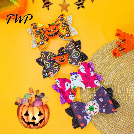 Colorful Halloween Hair Bows Glitter Bow Clips for Kids Baby Girls, Double Layer Party Dress Up Supplies Ghost/Pumpkin/Eyeball Bowtie Pins Decorations