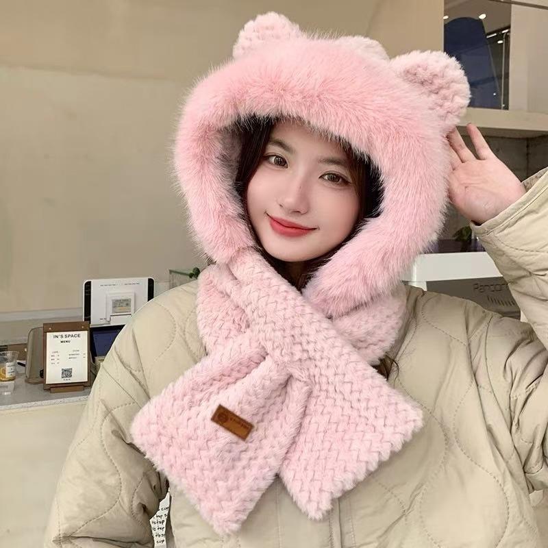 Warm versatile bear ears hat scarf integrated women's winter windproof plush thickened plush scarf