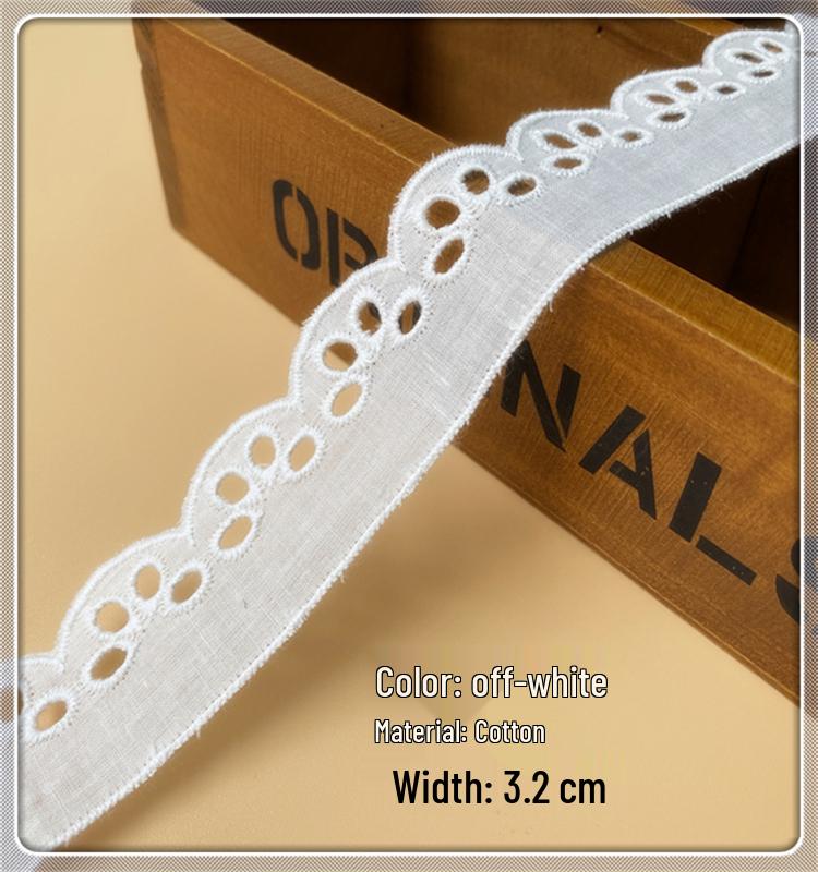 Off-White Lace Trim Embroidery Cloth for Skirt Hem Decoration - Pure Cotton, Double-Locked Edge