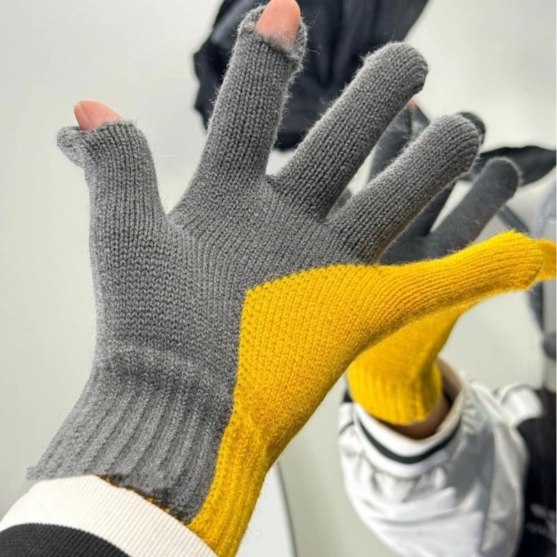 Touchscreen Gloves Korean Style Color Block Fingerless Cute Knitted Fleece Lined Thick Warm Winter Windproof Gloves