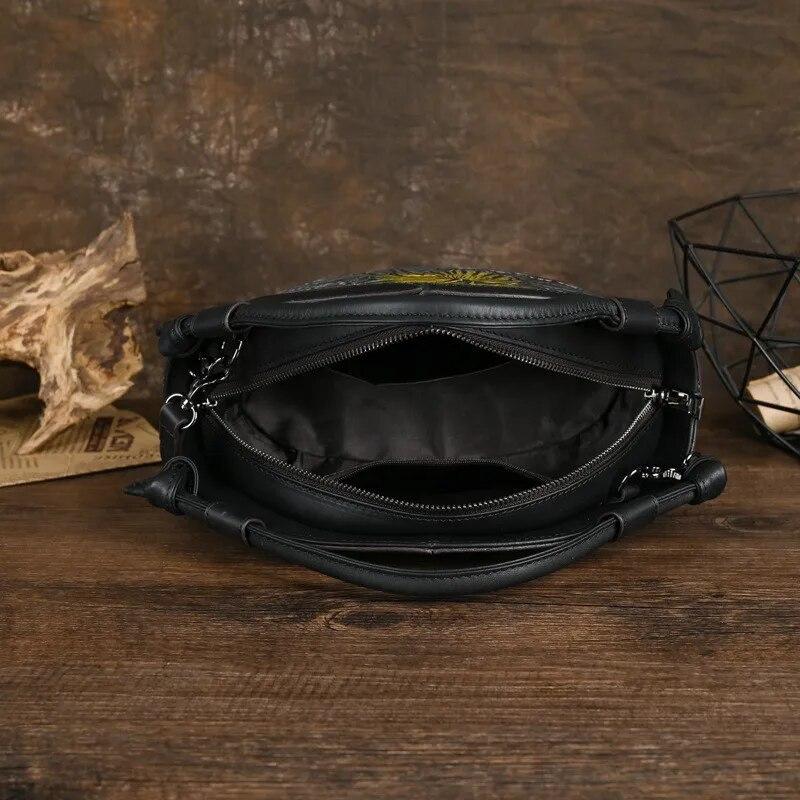 Johnature Retro ručně malovaná pravá kůže embosovaná dámská taška Univerzální tašky přes rameno a crossbody z hovězí kůže