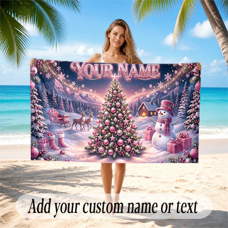 Christmas Theme Quick Dry Beach Towel Custom Name Text Print Large Sand Resistant Towel Beach Vacation