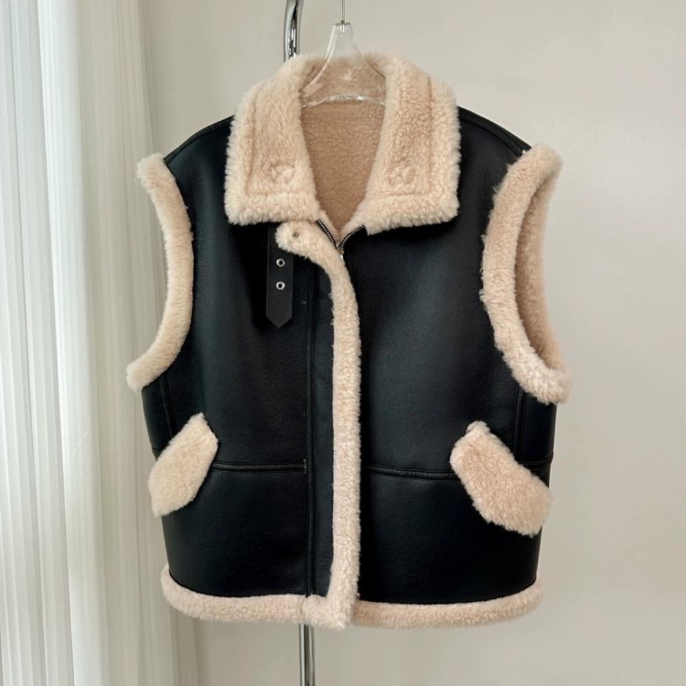 Zimní Móda Vintage Kožený Vesta z Jehněčí Vlny Dámská Nový Design Teplá Retro Krátká Vesta Ženská Estetická Ležérní High Street Bunda