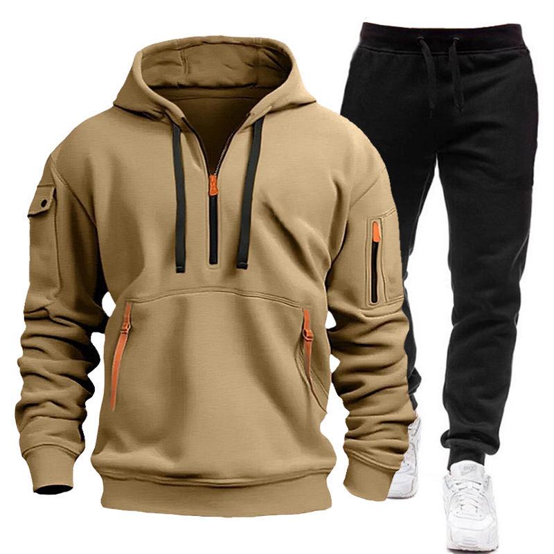 Autumn Men's Casual Sports Suit with Multi-Zipper Arm Pockets & Fashionable Hoodie