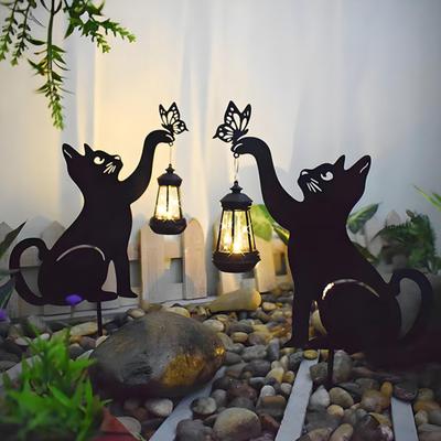 2 Stuks Metalen Kat Solarlichten Buiten Zwarte Kat En Vlinder Tuinbord Waterdichte Kat Silhouet Steker Gazonlicht voor Tuin Patio