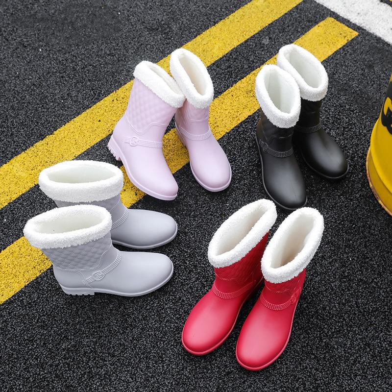 Medium Tube Rain Shoes Women's Rubber Shoes Wear Non-slip Water Boots Water Shoes Velvet Kitchen Work Outdoor Short Rain Boots