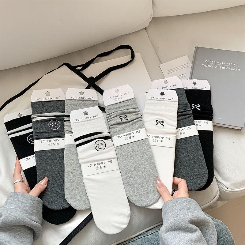 Socks Women'S Stacking Socks Bow Embroidered Women'S Socks Japanese Versatile Anti-Pilling Boneless Solid Color Simple Medium Tube Socks