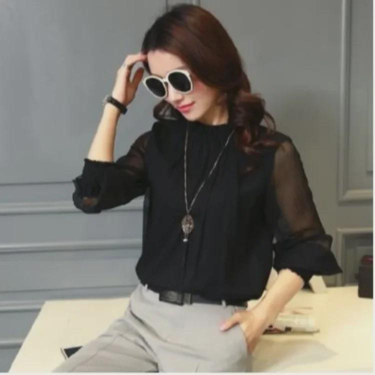 2024 Korean Chiffon Ruffle Top with Stand Collar - Large Size