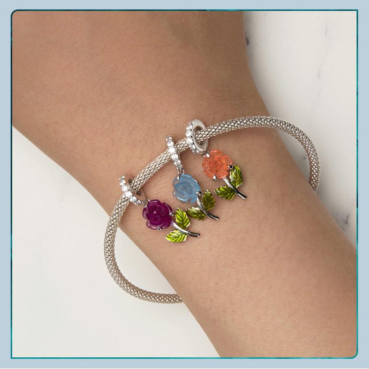 Yinziyun S925 Silver Rose Pendant with UV Color-Changing Flower Beads for DIY Bracelet