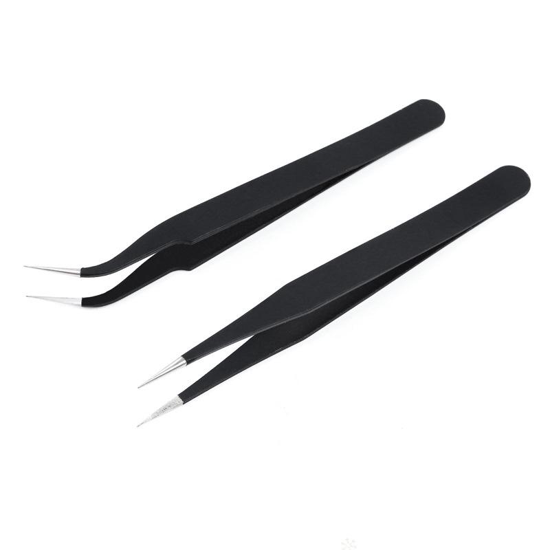 Stainless Steel Nail Art Tweezers - Black Curved & Straight Tips for Eyelash Grafting, Rhinestone/Picking Decorations, Multi-functional.
