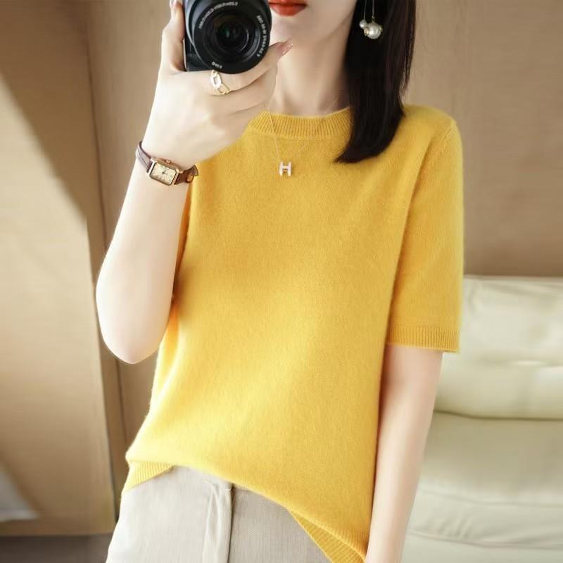 Loose Women's Round Neck Short Sleeve Knitted Sweater T-Shirt Base Layer Spring Autumn Short Top