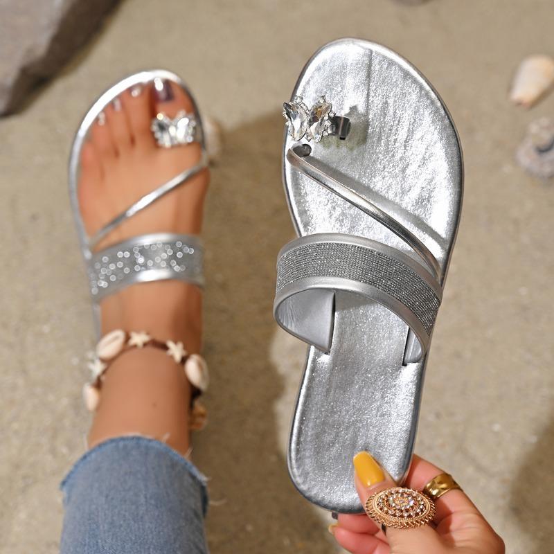 

Rhinestone set toe beach sandals summer new high-end fashion flat-bottomed slippers women wear one-word slippers 36