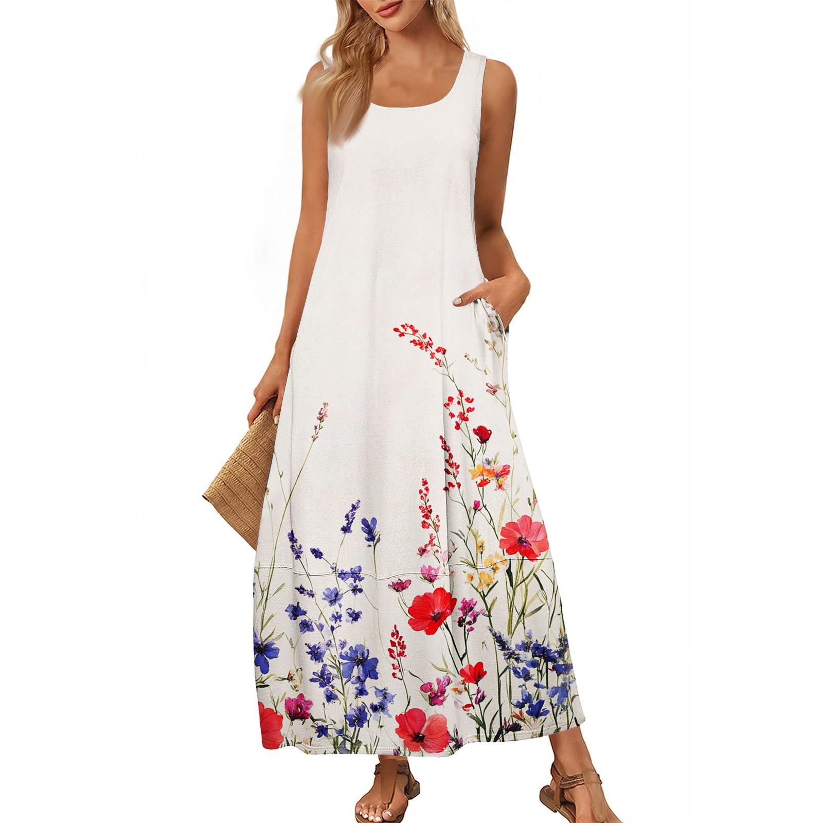 Women s Casual Long-length Sundress Summer Beach Dress Round Neck Sleeveless Loose Sundress L