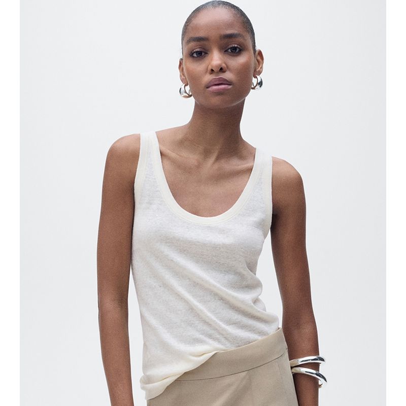 

Linen Vest French style UK Spaghetti Strap Cotton Top Cami Vest Sexy White U Collar Thread Export White S