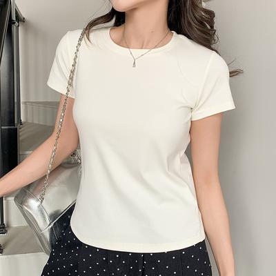 Rundhals Gerade Schulter Kurzarm-T-Shirt für Damen Neu Locker Basic Baumwolle Innenliegendes Unterhemd Halbarmoberteil
