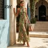 Halter Neck Dress Floral Chiffon for Women, Sleeveless Ruched Maxi Green Print Dress, Turtle Wedding Guest Cocktail Evening Waist Slimming