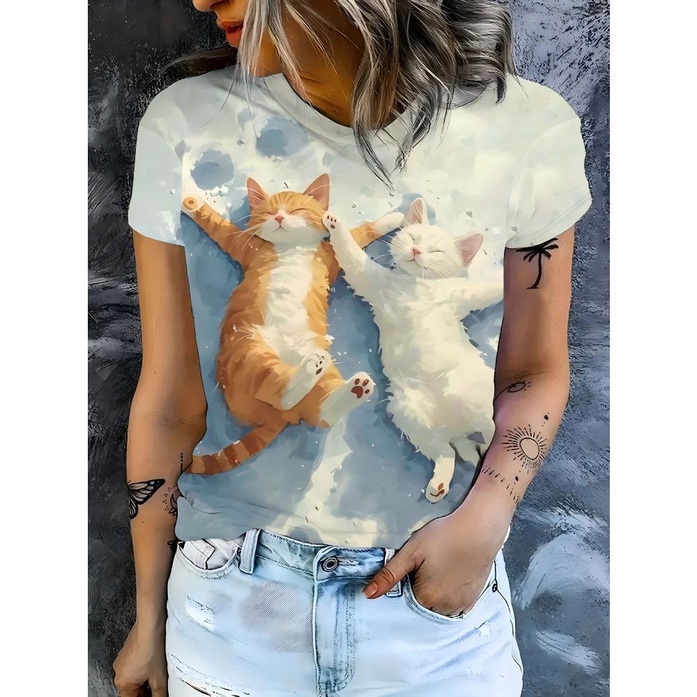 Summer Women's Casual Round Neck Short Sleeved T-shirt Creative Animals 3D Printing Fashionable Comfortable Breathable Loose Sports Versatile T-shirt
