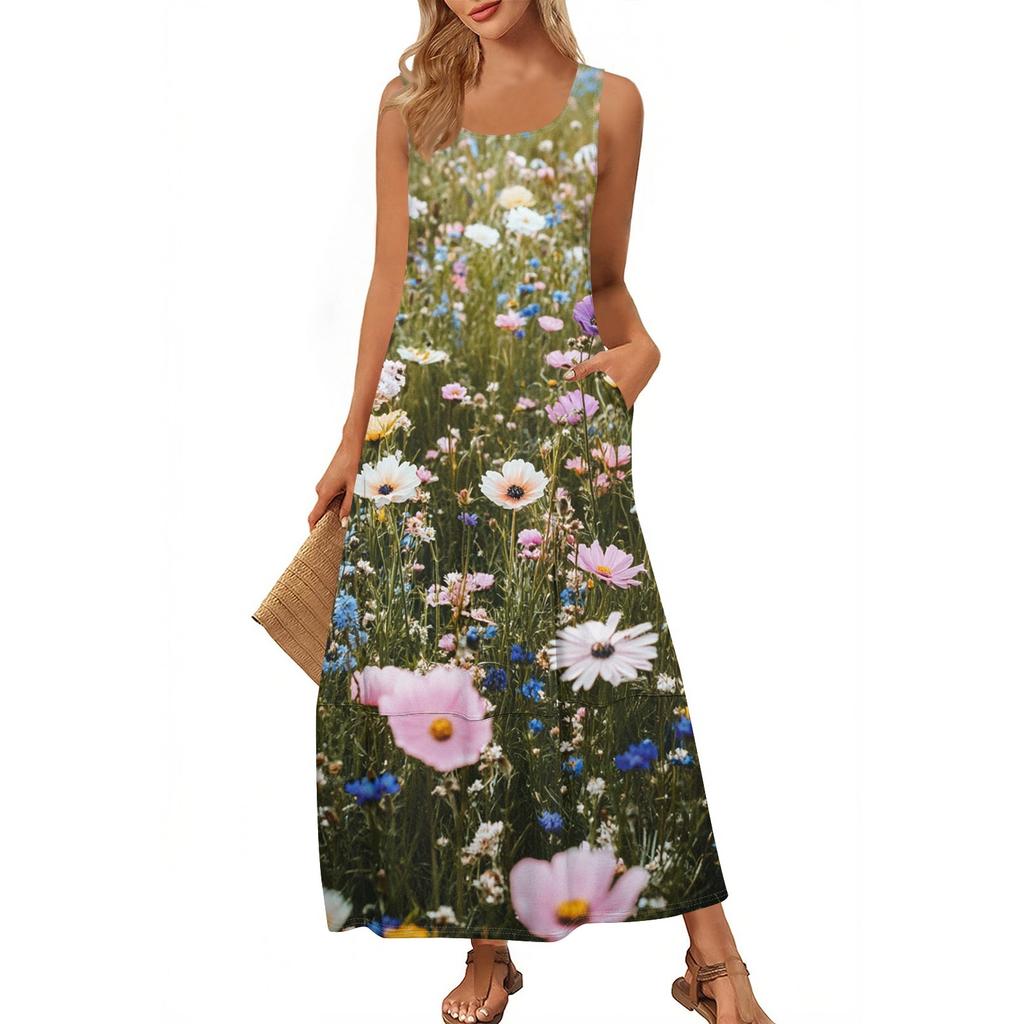Women's Casual Floor-length Sundress Summer Beach Dress Round Neck Sleeveless Loose  Print Sundress