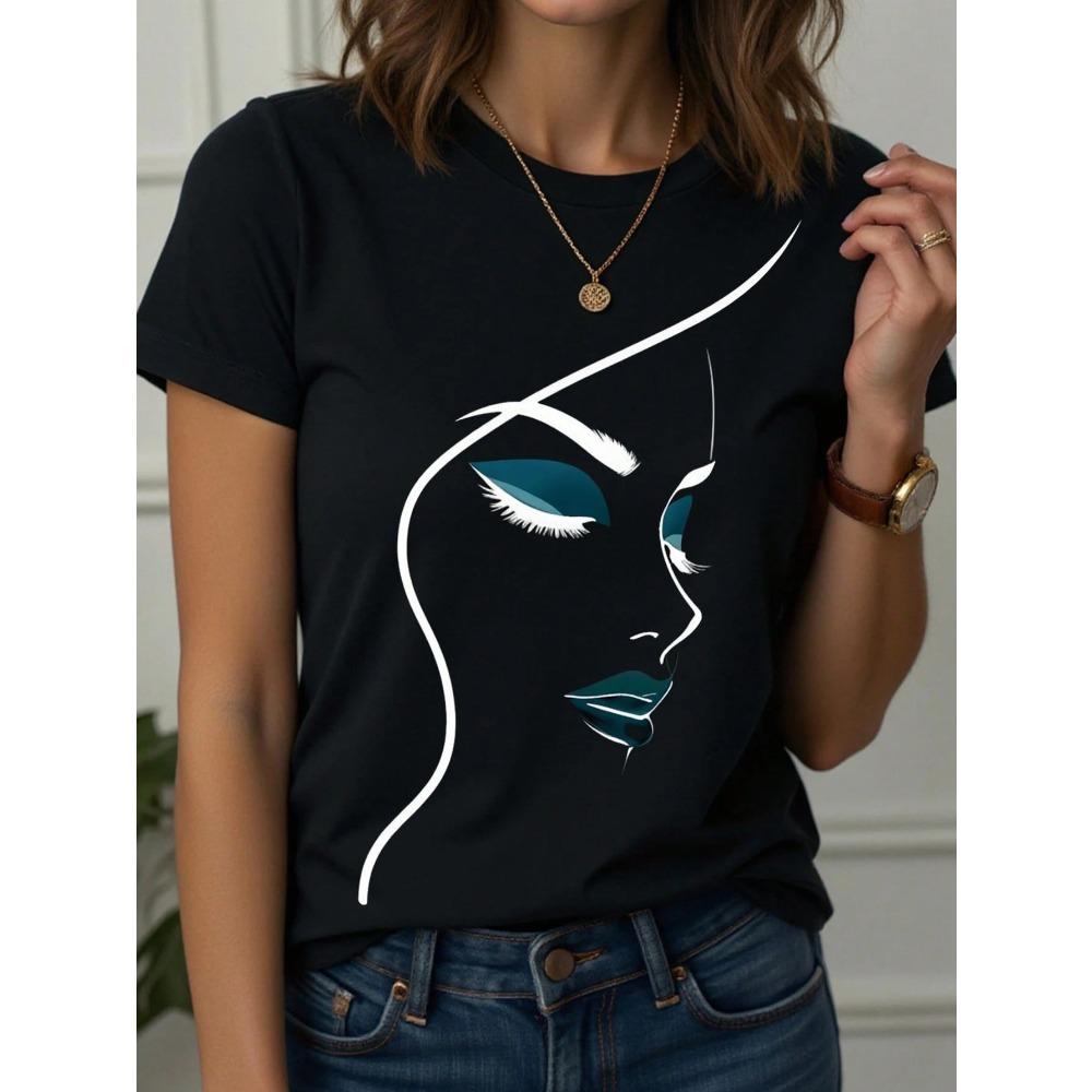 Women's T-Shirt Abstract Face Line Art Graphic Print Tops Casual O-Neck Short Sleeve Tee Summer Outdoor Fashion Female Clothing