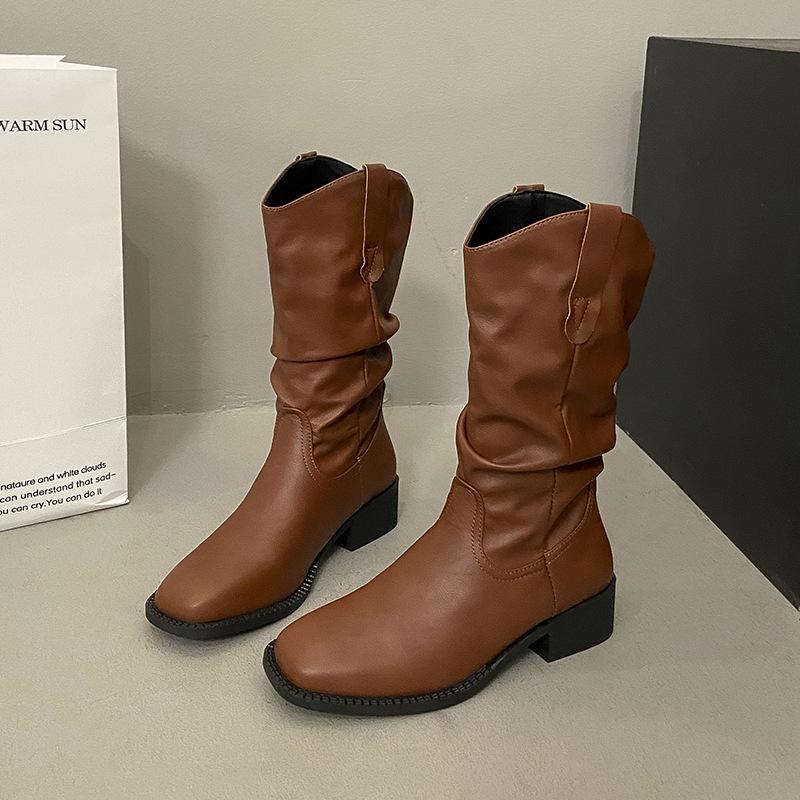 Retro Western Cowboy Boots Women's Autumn and Summer 2025 New Medium Boots Sleeve Stacking Boots Coarse Heel Versatile Martin Boots