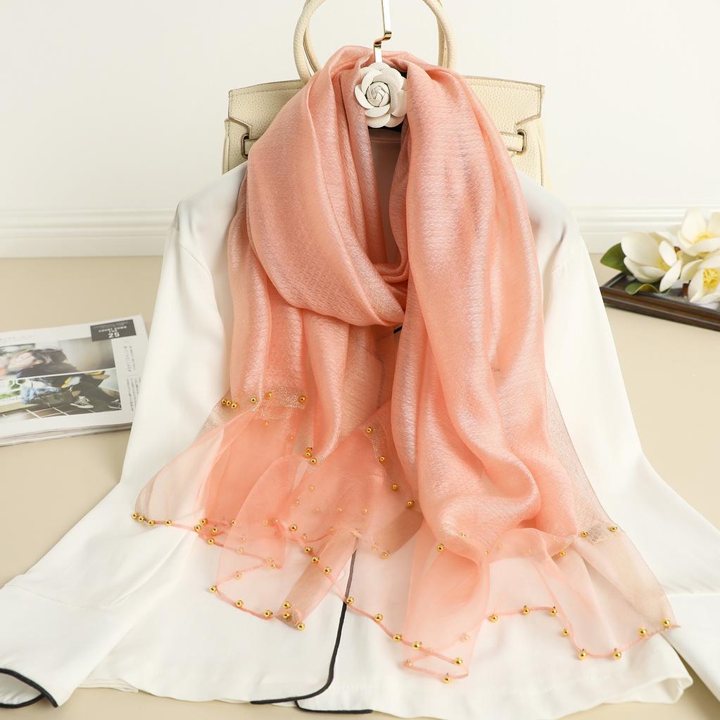 Solid Beading women scarf summer silk scarves lady shawl wrap hijab foulard female bandana pashmina Pearl jewel headband
