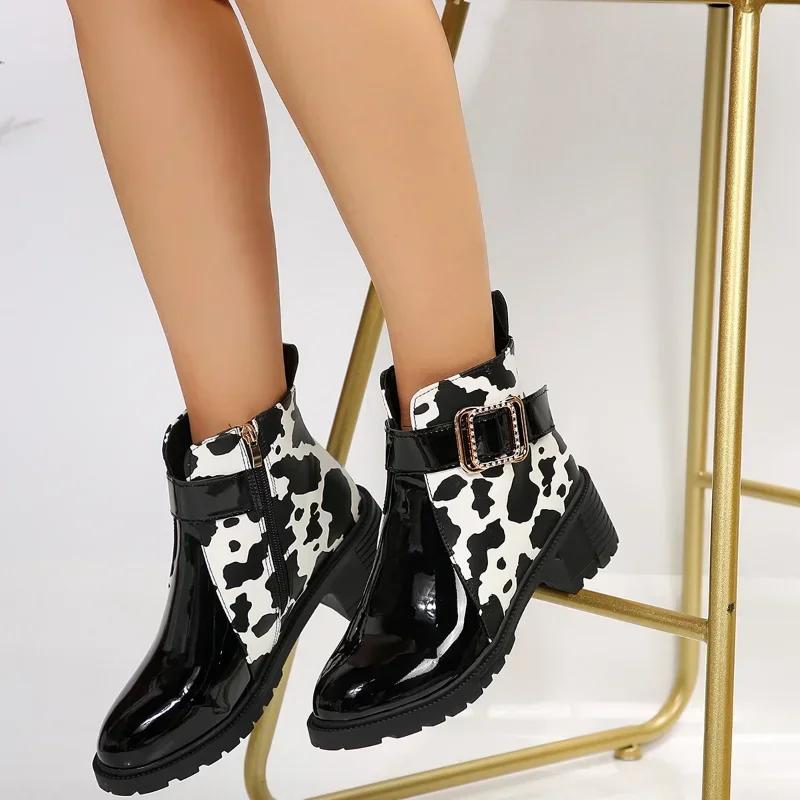 Fashion Women Round Toe Belt Buckle Ankle Boots Spring Autumn New Leopard Print Leather Boots Female Fashion High Heels Short Boots