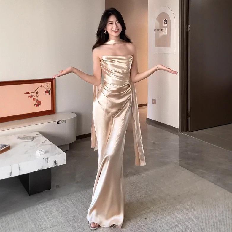 2025 Summer Elegant European & American Women's Strapless Long Sleeve Slim Evening Gown