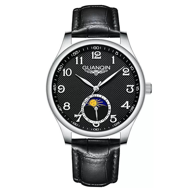 

Мужские водонепроницаемые автоматические часы Guanqin с индикатором фазы Луны и новым кожаным ремешком