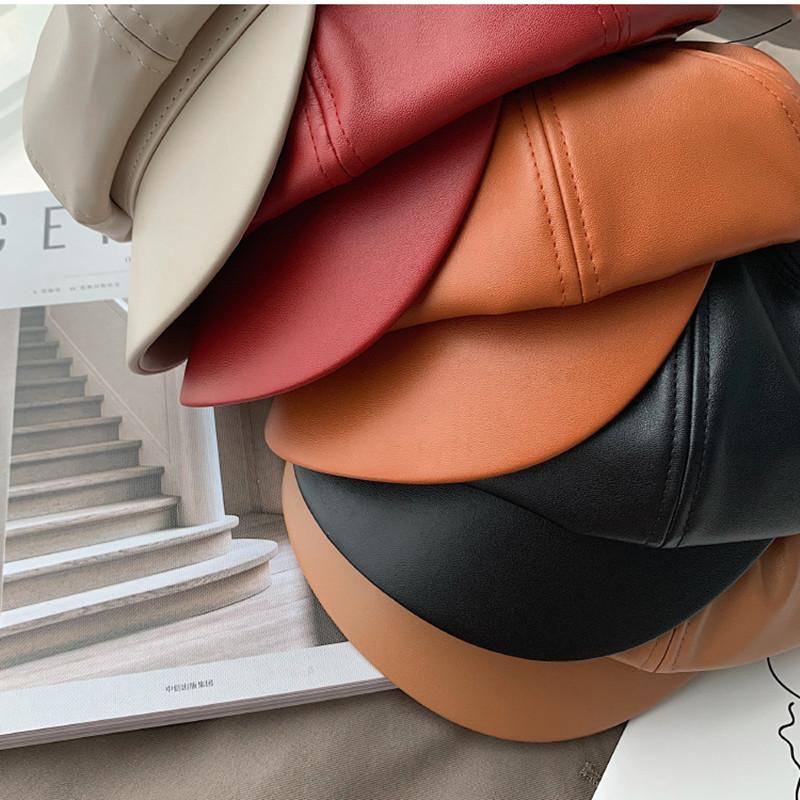 Women PU Leather Beret Hat Winter Fashion Octagonal Hat