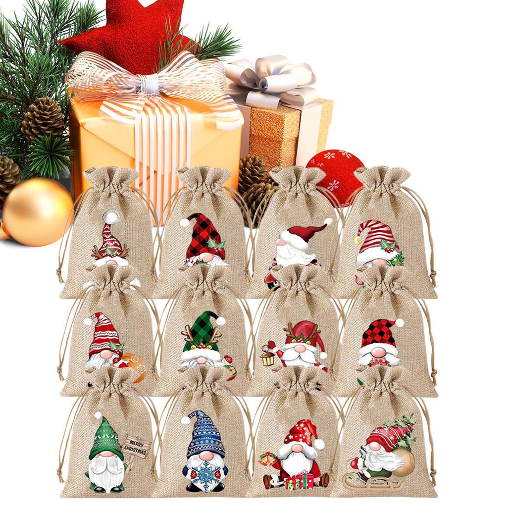 12 Pieces Burlap Reusable Drawstring Gift Bag Cartoon Burlap Bundle Pocket Christmas Snack Bag For Christmas New Year Party