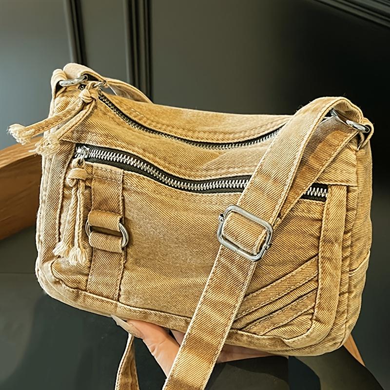 Women'S Vintage Crossbody Bag with Adjustable Strap - Multi-Zipper Compartments, Durable Polyester Lining, Solid Color for Daily Commute & Shopping