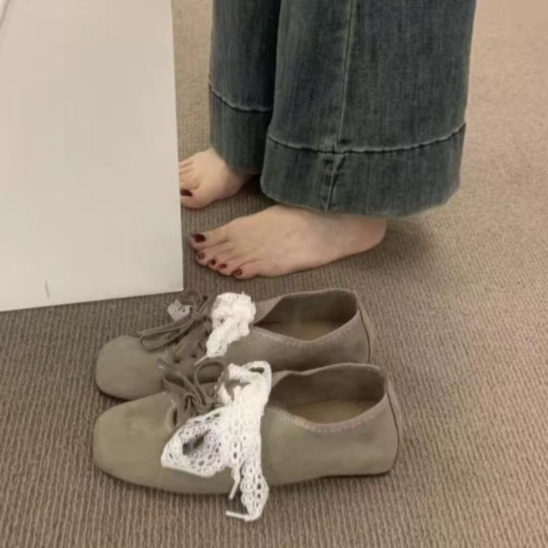 Fashion Women's Flat Shoes Spring New Square Head Shallow Mouth Suede Front Lacing Soft Sole Anti-slip Wear-resistant Single Shoes