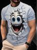 Unique Broken Wall Cute Expression 3D Print Round Neck Short Sleeve White T-Shirt, 100% Polyester women men comfortable for summer