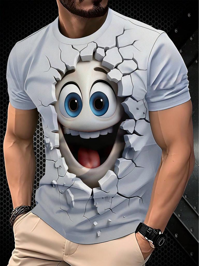 Unique Broken Wall Cute Expression 3D Print Round Neck Short Sleeve White T-Shirt, 100% Polyester women men comfortable for summer