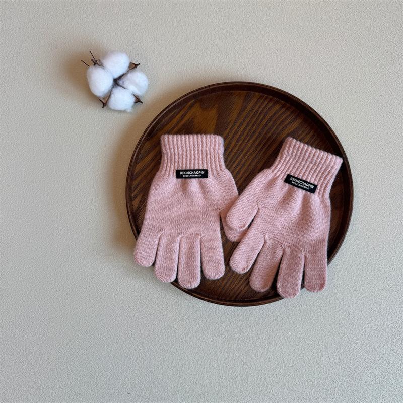 

Зимові дитячі рукавички 3-8 років Дівчинка Хлопчик Теплі в язані п ятипалі Дитячі рукавички для вулиці Однотонні рукавички рожевий