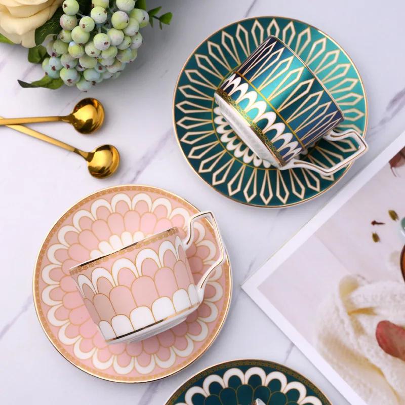 Geometric Striped Porcelain Coffee Cup with Saucer Luxury Gold Plated 200ml Mug Home Exquisite Dessert Tea Cup Home Decoration