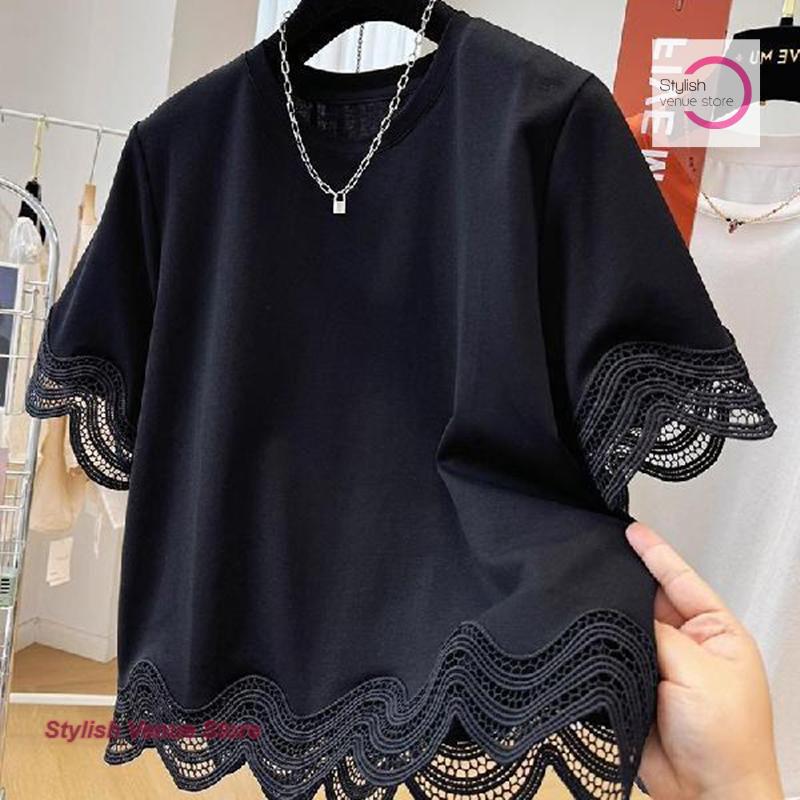 French Plus Size Fashion Design Lace Stitching Short Sleeve T-shirt Women's Summer New Casual Loose Slim Joker Women Clothes